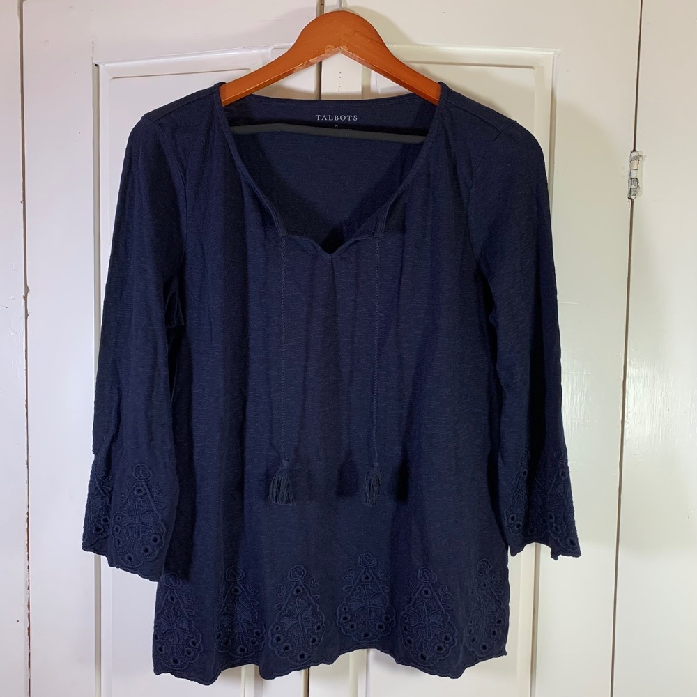 Talbots Women's Medium Navy Blue Cotton Tunic Long Sleeve Eyelet Crochet Cottage